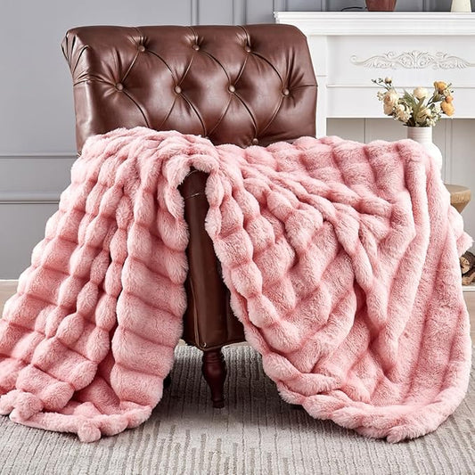 Faux Fur Twin Blanket for Couch - Luxurious Faux Rabbit Fur Bed Blanket Reversible - Cozy Warm Fluffy Fuzzy Plush Striped Blanket for Sofa Bedroom Living Room - 60x80 Inches Pink