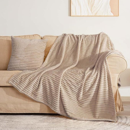 Vessia Flannel Throw Blanket with Pillow Cover for Couch,Sofa,Bed, 300GSM Striped Camel Blanket for Adults, Super Soft Warm Cozy Ribbed Brown Throw for All-Season(50x71inch)