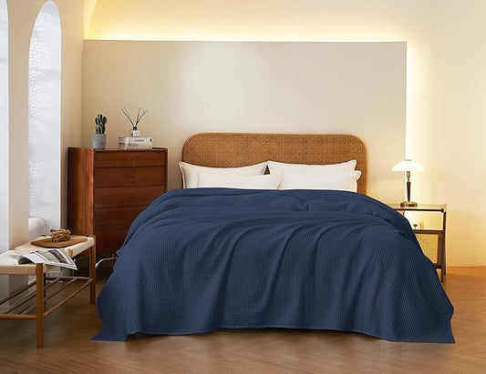 100% Cotton Waffle Blanket, Pre-Washed and Anti-Shrinkage Soft Lightweight Bed & Couch Blanket, 380 GSM Waffle Weave Throw Blanket for All Seasons(Navy Blue - Queen Size - 90" * 90")