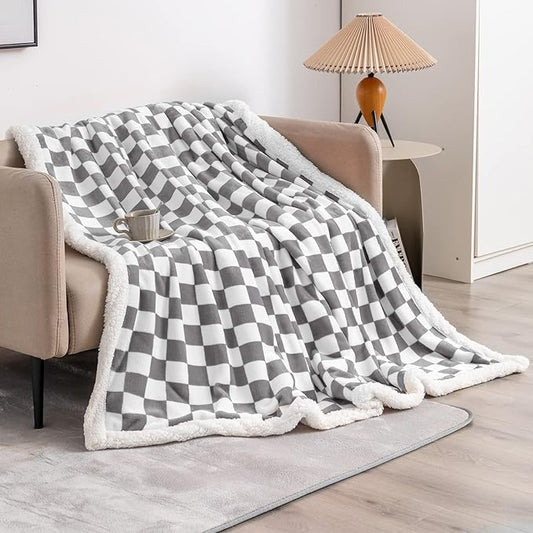 LOMAO Sherpa Throw Blanket Fleece Blanket with Checkered Pattern Soft Thick Blanket for Couch, Bed, Sofa Luxurious Warm and Cozy for All Seasons (Grey, 51"x63")