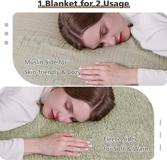 EMME Muslin Cotton Fleece Twin Blanket Reversible - 60"*80" Sage Green Soft Warm Throw Blankets for Couch Bed Picnic Travel Bed