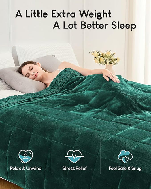 Cottonblue Weighted Blanket 15lbs for Queen Ded - Ultra Soft, Cozy Comfort Sherpa Blanket for Relax and Sleep, Heavy Bed Blankets with Cemaric Beads, 60x80 Inches,Green