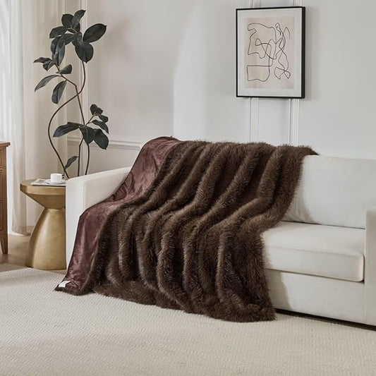 Luxury Fluffy Faux Fur Throw Blanket,Thick Fluffy Fuzzy Cozy Blanket,Plush Blankets for Couch, Sofa, Chair, Bed-Brown,60x80