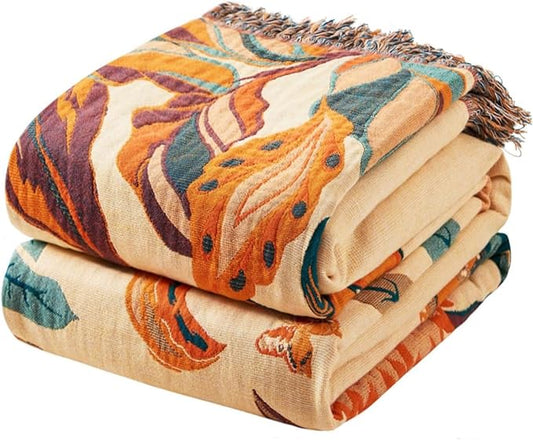 Fall Boho Throw Blanket for Couch Sofa 90"x98",100% Cotton Muslin Throw Blanket for Bed,Ultra Soft 4-Layers Woven Blanket with Floral Printed for All Season,Farmhouse Throws Bed Chair Cover