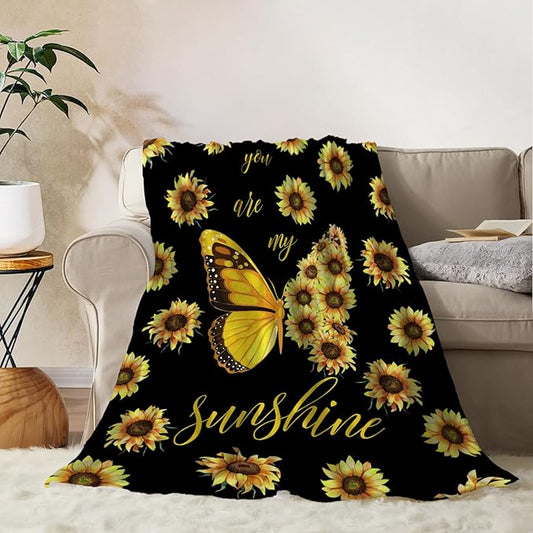 YeeJu Sunflower Kids Throw Blanket Small Yellow Floral Butterfly Blanket Gift for Girls Boys Child Baby Soft Fuzzy Fleece Blankets Black Spring Summer Flower Decorative Print Blanket 40x50