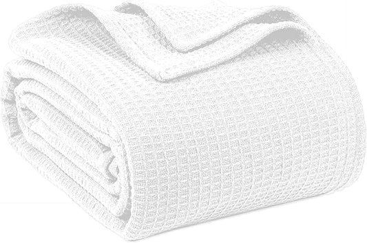 100% Cotton Blankets Queen Size for Bed - Waffle Weave Blankets for Summer, Lightweight and Breathable Soft Woven Blanket for Spring, (White, Queen (90" x 90"))