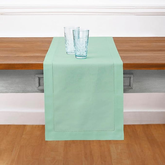 Solino Home Table Runner 108 Inches Long - Cotton Linen Hemstitch Aqua Table Runner 14 x 108 Inch for Summer