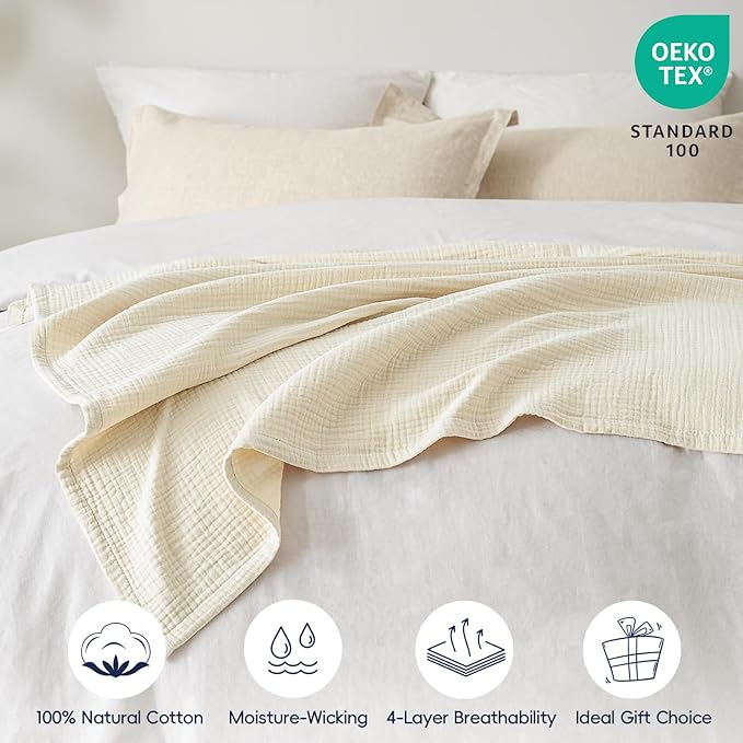PHF 100% Cotton Muslin Throw Blanket 50" x 60", 4-Layer Lightweight and Breathable Blanket for Summer, Luxuriously Soft Gauze Throws for Couch, Natural Minimalism Style, Ideal Gift, Birch