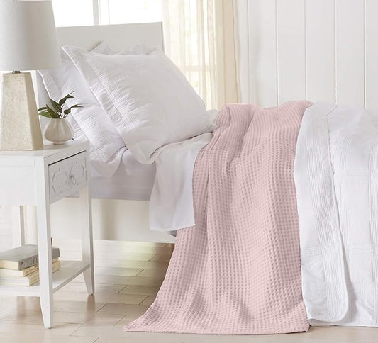 100% Cotton Twin Size Bed Blanket - Pink Waffle Weave Lightweight Summer Layering - 90x66in Prewashed Breathable, Woven (Twin, Blush)