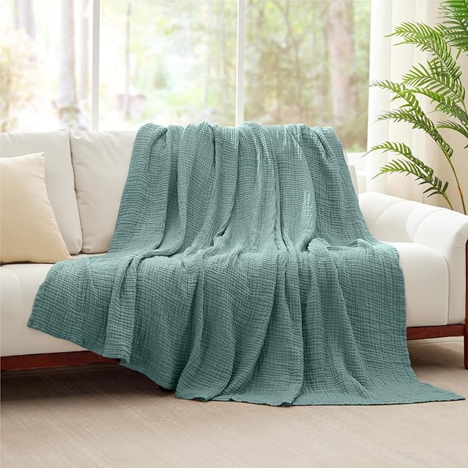 100% Cotton Muslin Blanket Twin XL 66" x 90", Breathable and Cooling Bed Blankets, Soft Boho Bedspread, Gauze Bedding for Adults All Season, Turquoise, Teal