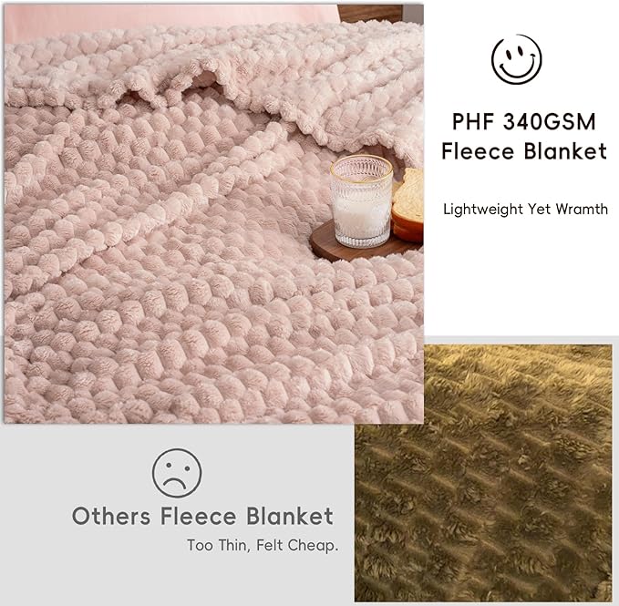 PHF Ultra Soft Flannel Fleece Blanket King Size, Lightweight 3D Jacquard Fleece Blanket, No Shedding, No Pilling, Luxury 340GSM Aesthetic Fluffy Cozy for Bed Room Decor, 108"x90", Rose Smoke