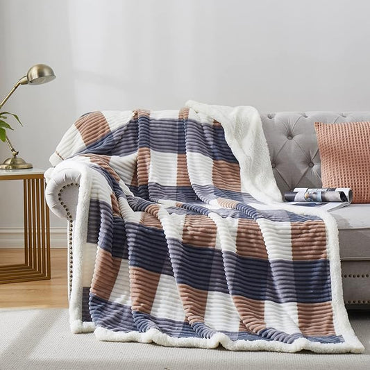 PU MEI Sherpa Blanket Full/Queen Plaid Thick Bed Blanket, 90”*80” Super Soft Flannel Fuzzy Fleece Reversible Velvet Plush Warm Blanket for Couch (Grey-Check, 80"*90")