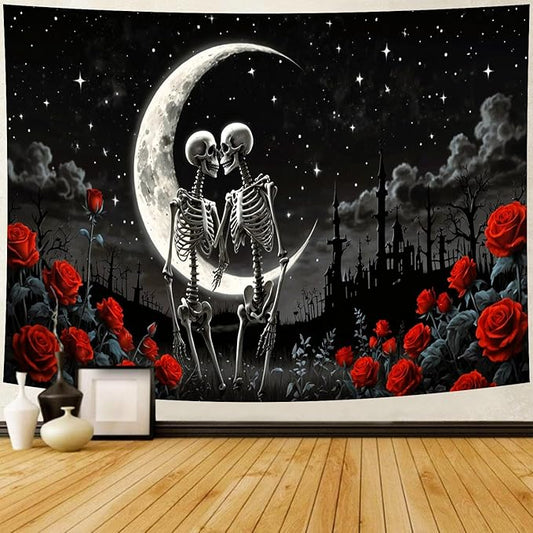 Delur The Lovers Skull Tapestry Gothic Black and White Romantic Constellation Skeleton Tapestry Floral Abstract Psychedelic Wall Hanging Headboard for Bedroom Living Room Home Decor (70.8" x 92.5")