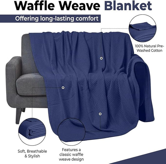 100% Cotton Blankets Queen Size for Bed - Waffle Weave Blankets for Summer, Lightweight and Breathable Soft Woven Blanket for Spring, (Navy, Queen (90" x 90"))