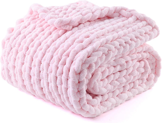 YnM Chunky Throw Blanket, Medium-Weight, Hand Knitted with Chenille Yarn, Skin Friendly, Ventilated and Breathable, Machine Washable, Home Décor Piece for Couch, Sofa and Bed (Petal Pink, 60x80 Inch)