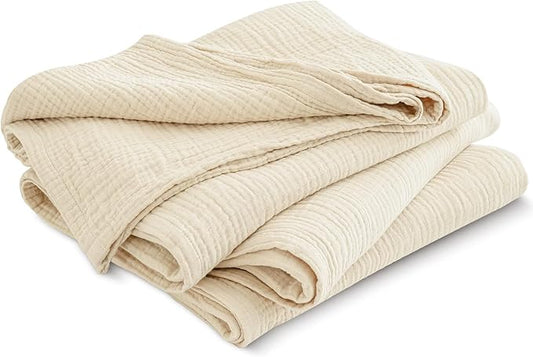 PHF 100% Cotton Muslin Throw Blanket 50" x 60", 4-Layer Lightweight and Breathable Blanket for Summer, Luxuriously Soft Gauze Throws for Couch, Natural Minimalism Style, Ideal Gift, Beige/Short Bread
