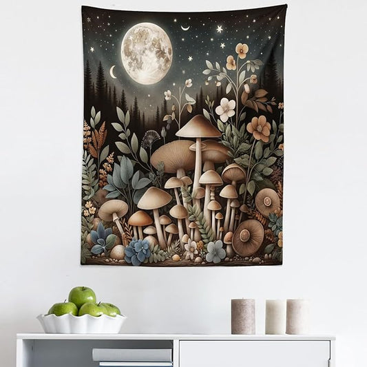 Ambesonne Aesthetic Tapestry, Night Forest Scene with Boho Nature Mushroom Leaves Stars and Full Moon, Fabric Wall Hanging Decor for Bedroom Living Room Dorm, 23" X 28", Sepia and Grey Teal