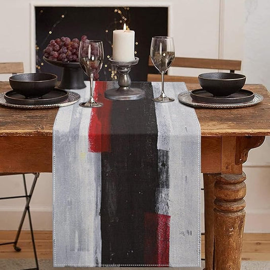 Emvency Black and White Table Runner, Modern Grey Red Art Painting for Kitchen Coffee Table Family Dinners Holiday Parties Wedding Events Decor(13x72 inch)