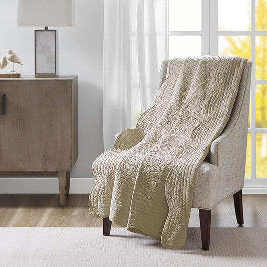 Madison Park Cotton Filled Spread, Ultra Soft, Cozy Living Room Couch, Sofa, Bed Luxe Quilted Throw Blanket-Damask Stitching Design, 60x72, Scalloped Edges Khaki