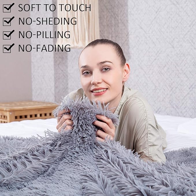 YUSOKI Twin Size Faux Fur Throw Blanket(Grey,60" x 80"),Whithout Pillows,Winter Lightweight Plush Fuzzy Soft Cozy Microfiber Comfy Bed Blanket for Women Kids Girls Couch Sofa Washable