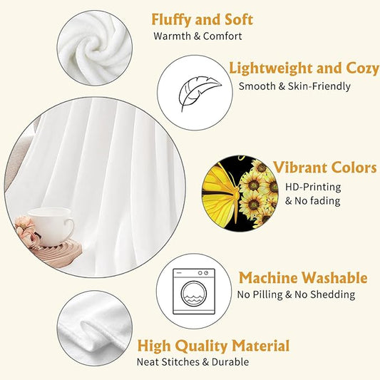 YeeJu Sunflower Throw Blanket Queen Size Yellow Floral Butterfly Blanket for Bed Couch Cozy Soft Fuzzy Plush Fleece Blankets Big Large Decorative Spring Summer Blanket Gift for Women 90x90