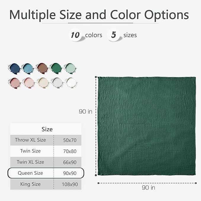 Carriediosa 100% Cotton Muslin Throw Blanket 90" X 90" Queen Size，4-Layers Summer Gauze Throws for Bed Couch，Soft Lightweight Breathable Linen Blankets Bedspread for Adults All Season，Dark Green