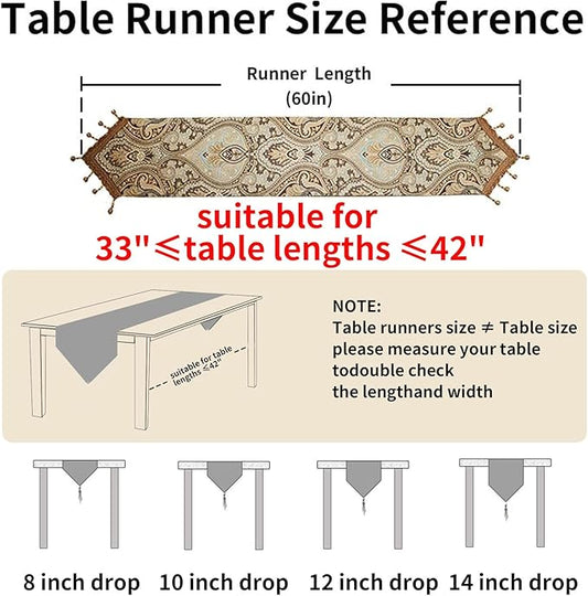 Luxury Vintage Design Table Runner 60 inches Long Embroidery Jacquard Fabric with Multi-Tassels Table Runners for Dining Room Dresser Wedding Holiday Party Fireplace Decorations (Coffee, 12X60inch)
