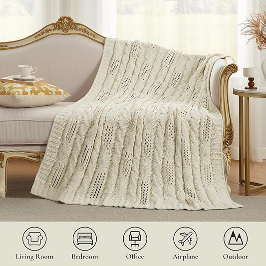 Amélie Home Chunky Knit Chenille Throw Blanket, Breathable Cable Knitted Blanket for Couch, Farmhouse Decorative Throw for Sofa Chair Bed, 50"x60", Ivory