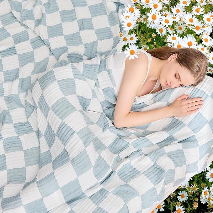 EMME Checkered Cotton Blanket Queen Size for Bed Soft Rayon Derived from Bamboo Muslin Bed Blankets 80"x90" Lightweight Breathable Cooling Gauze, Teal