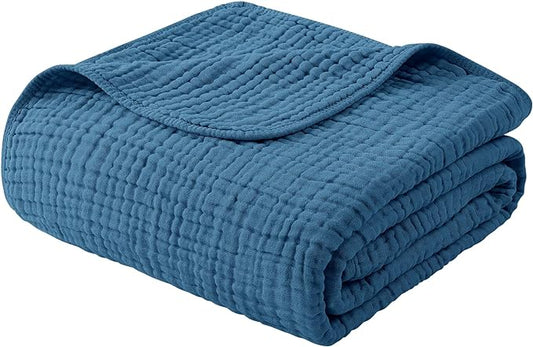 Yoofoss Muslin Blanket 100% Cotton Large Twin Size 60" x 80" for Bed Couch Summer Gauze Blanket for Adults Lightweight and Breathable Dark Blue