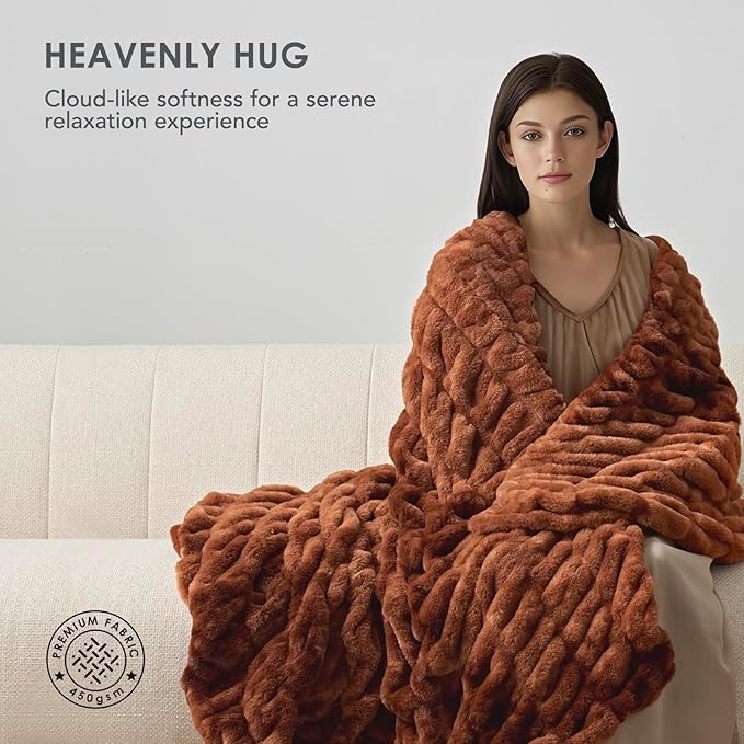 EVERGRACE Luxurious Soft Faux Rabbit Fur Throw Blanket, Cozy Fuzzy Plush Warm Throws for Couch Bed Sofa Chair Home Decor, Ruched Bubble Fluffy Blanket with Reversible Velvet, 60" x 80", Clay