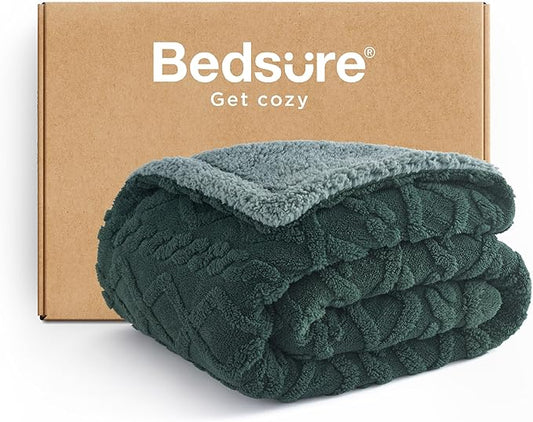 Bedsure Sherpa Fleece Blanket Twin Size for Bed - Fuzzy Soft Cozy Cable Throw for Couch, Thick Warm Blankets for Winter, Dark Green, 60x80 Inches