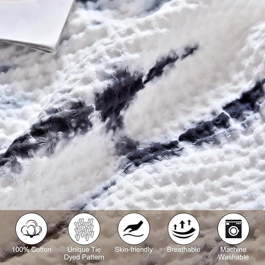 PHF 100% Cotton Tie-dye Waffle Weave Blanket King,Soft Breathable Skin-Friendly Durable Layering for All Season, Manual Elegant Delicate Pattern for Bed, Home Decor, Couch,Tie Dyed Charcoal, 104x90