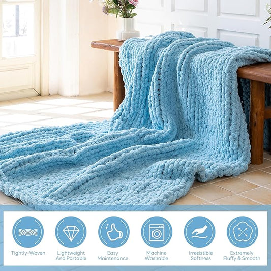 Chunky Knit Blanket - Luxury Soft Cozy Queen Size(40 * 50) Throw Blanket,100% Woven Blanket Rope Knot Throw Blanket for Couch, Sofa, Home Decor, Gift - Machine Washable（Light Blue）