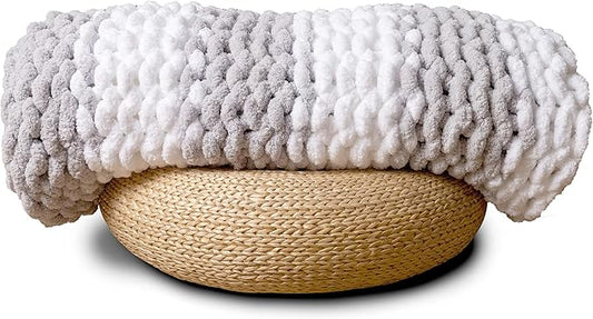 Adyrescia Chunky Knit Blanket Throw | 100% Hand Knit with Jumbo Chenille Yarn (50"x60", Gray and White Stripes)