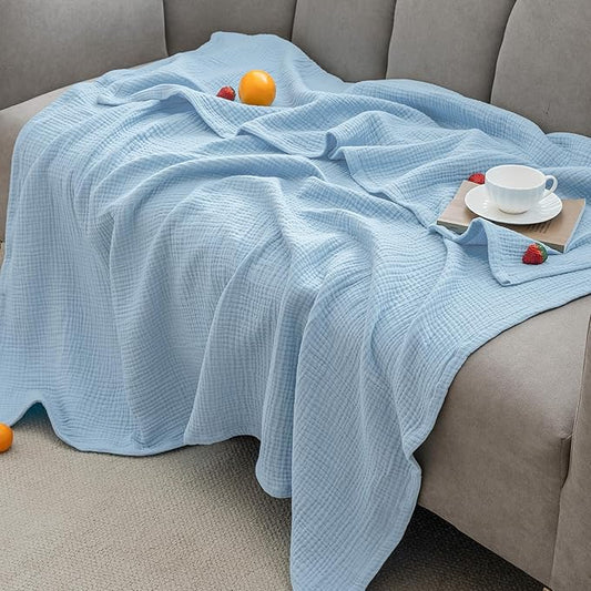 PHF 100% Cotton Muslin Blanket King Size 108" x 90", 4-Layer Lightweight and Breathable Blanket for Summer, Luxuriously Soft Gauze Bedding for Bed, Natural Minimalism Style, Ideal Gift, Sky Blue