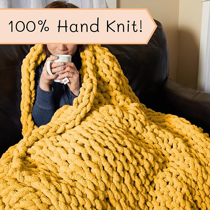 Adyrescia Chunky Knit Blanket Throw | 100% Hand Knit with Jumbo Chenille Yarn (60"x80", Harvest Yellow)