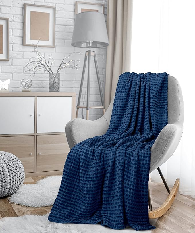 Utopia Bedding Navy 100% Cotton Waffle Blanket 300 GSM [Queen - 90x90 Inch] Soft Lightweight Breathable Bed Blanket for All Season