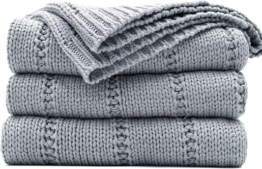 RECYCO Cable Knit Light Grey Throw Blanket Twin Size for Couch, Super Soft Warm Cozy Decorative Knitted Throw Blanket 3.6LB for Bed, Sofa, Chair Large 60"x80"