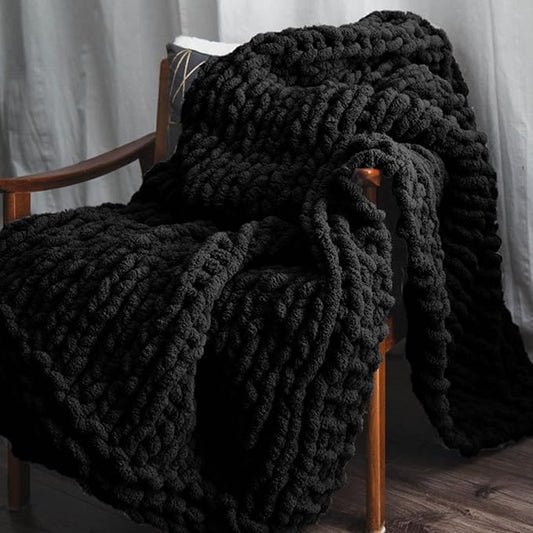Adyrescia Chunky Knit Blanket Throw | 100% Hand Knit with Jumbo Chenille Yarn (50"x60", Raven Black)