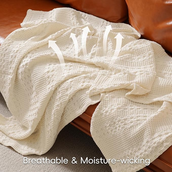 PHF 100% Cotton Waffle Weave Blanket King Size, Soft Lightweight Breathable Cozy Summer Blankets for Bed, Luxury Aesthetic Woven Bedding for Home Decor, 108"x90", Undyed