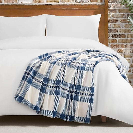 Lucky Brand Sherpa Plaid Ivory/Blue 50"X70" Cozy Plush Blanket - Premium Microfiber Throw for Luxurious Comfort and Style
