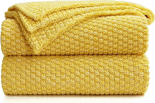 Longhui bedding Yellow Knitted Throw Blanket for Couch Sofa Bed, Soft, Cozy Machine Washable 100% Cotton Sofa Cable Knit Blankets, Large 60 x 80 Inches Oversized, Bright Yellow and White Color