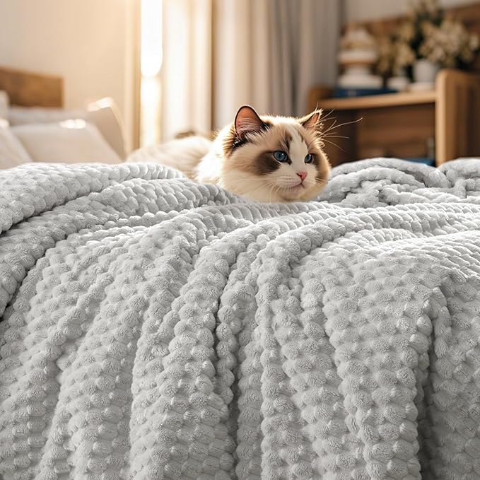 PHF Ultra Soft Flannel Fleece Blanket Twin Size, Lightweight 3D Jacquard Fleece Blanket, No Shedding, No Pilling, Luxury 340GSM Aesthetic Fluffy Cozy Bedding for Bed Room Decor, 66"x90", Light Grey