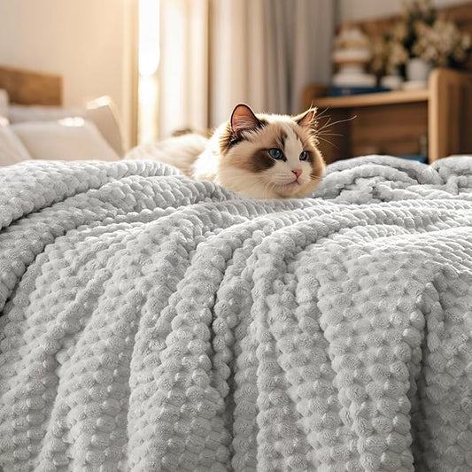PHF Ultra Soft Flannel Fleece Blanket Queen Size, Lightweight 3D Jacquard Fleece Blanket, No Shedding, No Pilling, Luxury 340GSM Aesthetic Fluffy Cozy for Bed Room Decor, 90"x90", Light Grey