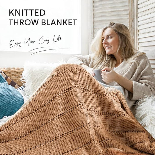 RECYCO Cable Knit Light Brown Throw Blanket Twin Size for Couch, Super Soft Warm Cozy Decorative Knitted Throw Blanket 3.6LB for Bed, Sofa, Chair Large 60"x80"