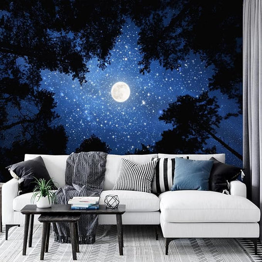 TUGCAY Forest Galaxy Starry Tapestry Blue Space Night Sky Stars Moon Ceiling Tapestry Nature Trees Tapestries Aesthetic Wall Hanging for Bedroom Dorm Living Room Office Decor 60x50 Inch