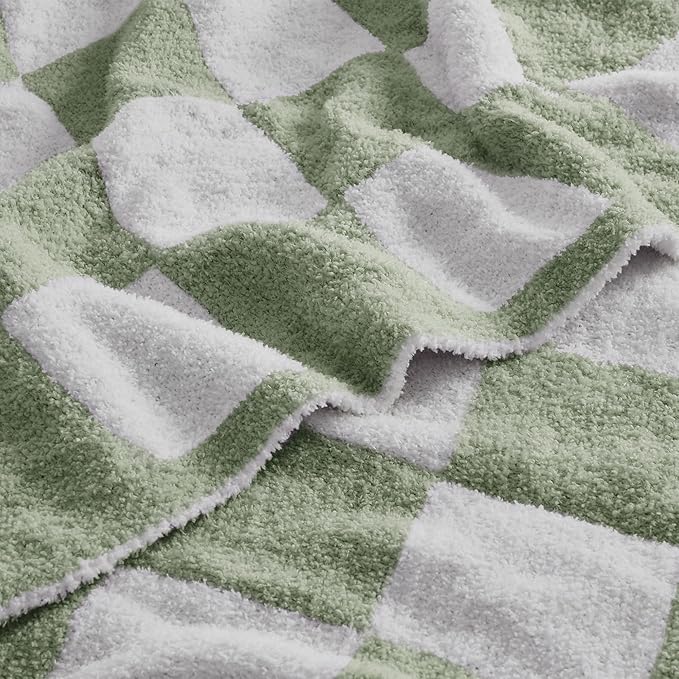 JOOJA Soft Blanket Cozy Checkerboard Sage Bed Blanket Fluffy Knit Throw Blanket Queen Size Plaid Checkered Blanket Sage 90x90 in