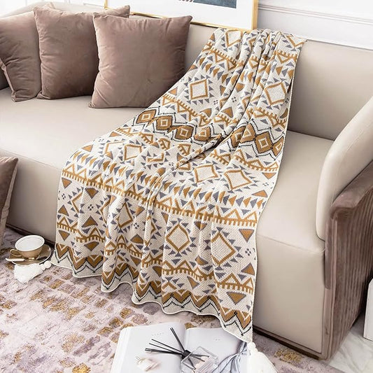 Brown Throw Blankets, Knitted Tassel Vintage Tan Throw Blanket, Soft Lightweight Boho Throw Blanket for Sofa Couch Bed and Living Room- All Seasons (50x85 Inch)