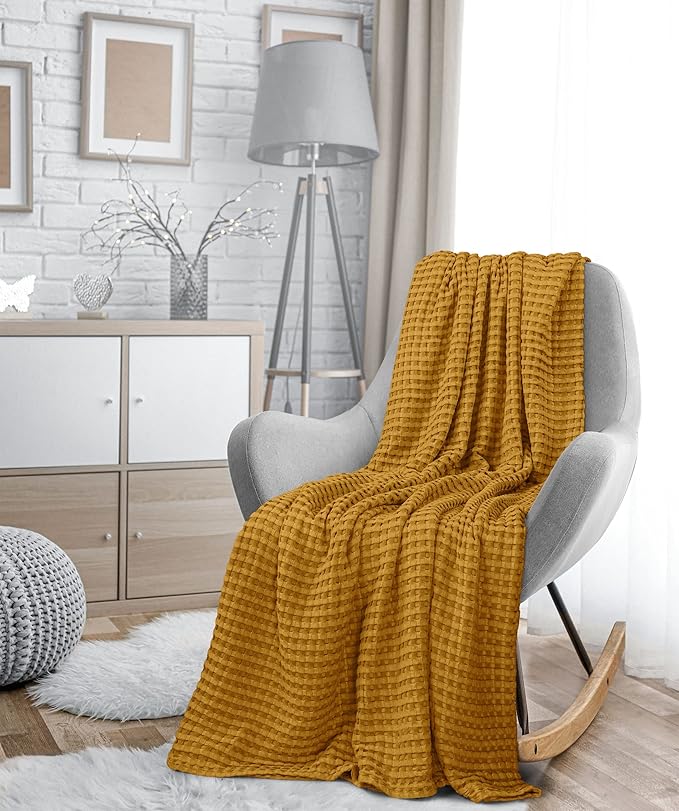 Utopia Bedding Mustard 100% Cotton Waffle Blanket 300 GSM [Queen - 90x90 Inch] Soft Lightweight Breathable Bed Blanket for All Season